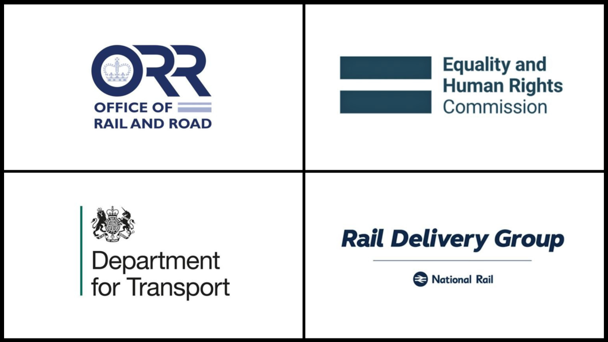 Logos of the Office of Rail and Road (ORR), Equality and Human Rights Commission (EHRC), Department for Transport (DfT) and Rail Delivery Group (RDG).